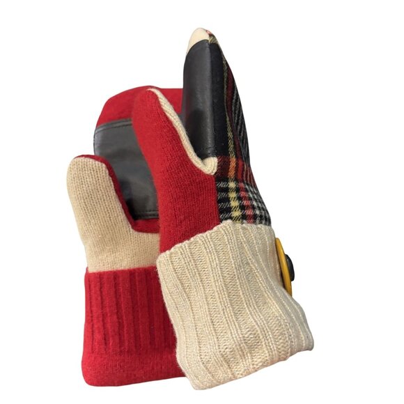 Colorful Wool Acrylic Blend Plaid Mittens W/ Leather Palm & Button Detail - Picture 3 of 5